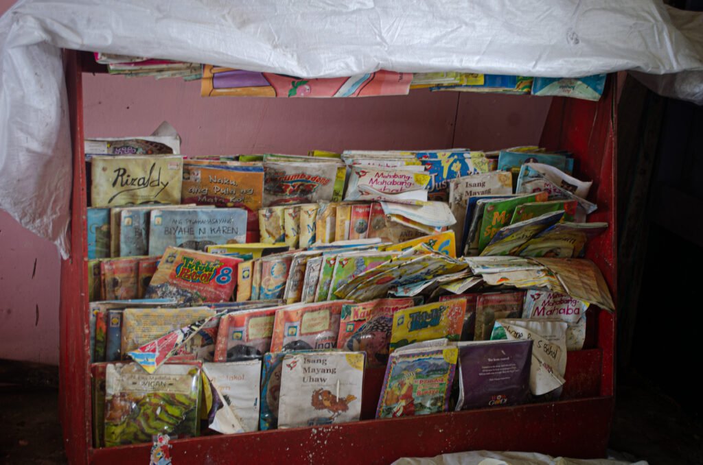 Children’s books on a shelf at Halian Elementary School