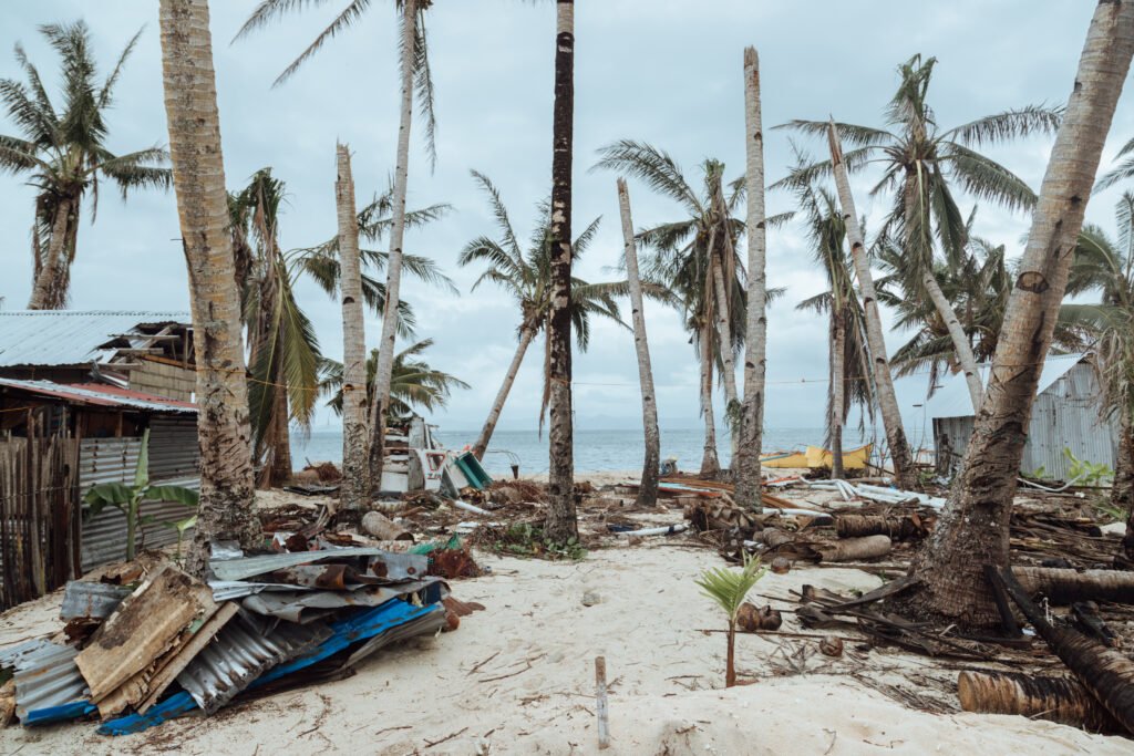 Storm damage, fallen palms and debris along the Halian shoreline after Typhoon Odette